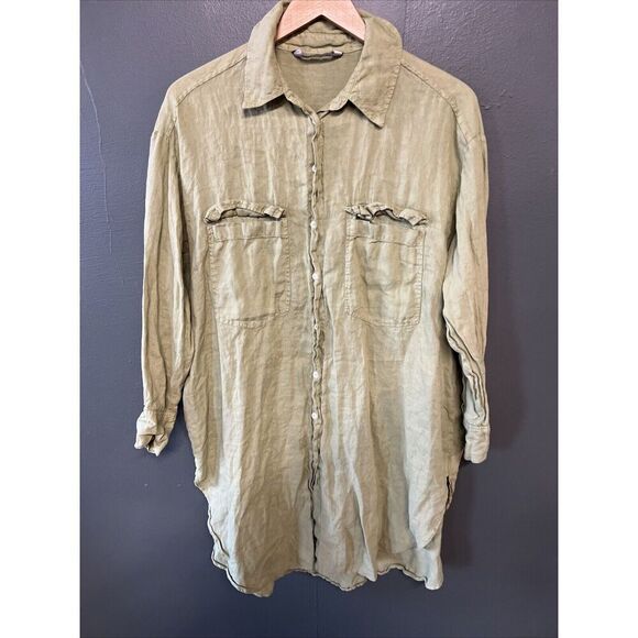 ZARA Shirt Dress Large Long Sleeve Roll Tab Lagenlook Linen Button Green Midi - Picture 1 of 4